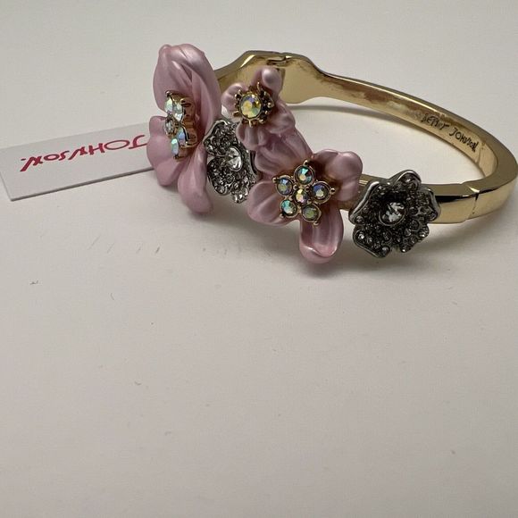 Betsy Johnson Pink Enamel AB Rhinestone Flower Hinge Bangle Bracelet - Picture 6 of 13